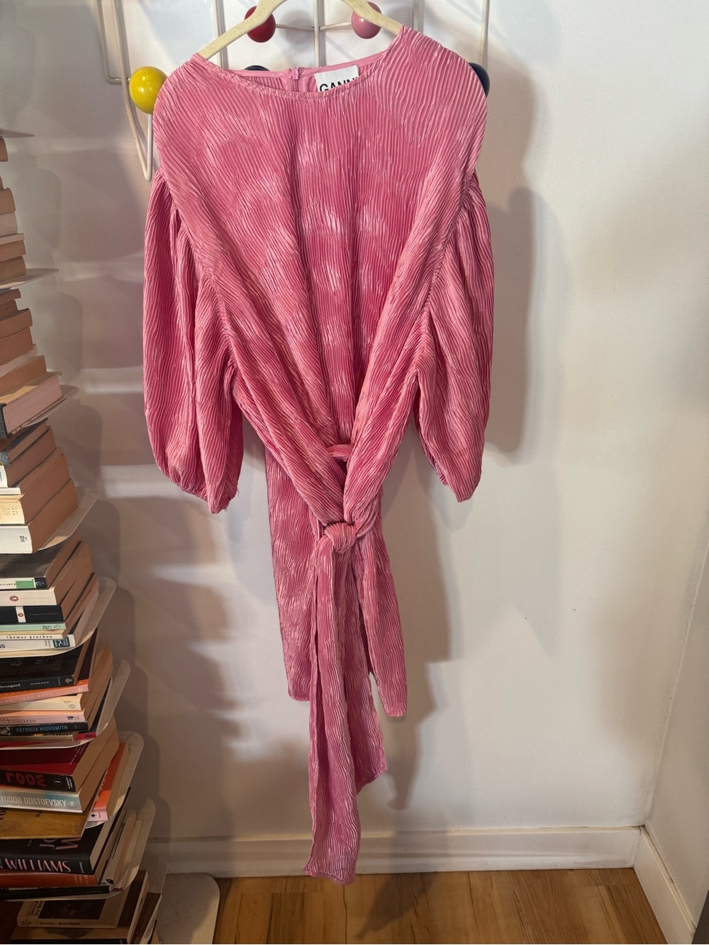 Ganni Pink Shift Dress with Tie Detail